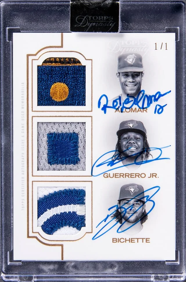 2020 Topps Dynasty Roberto Alomar/Vladimir Guerrero Jr/Bo Bichette Triple Triple Autographed Patch Card #TAP-AGB card image