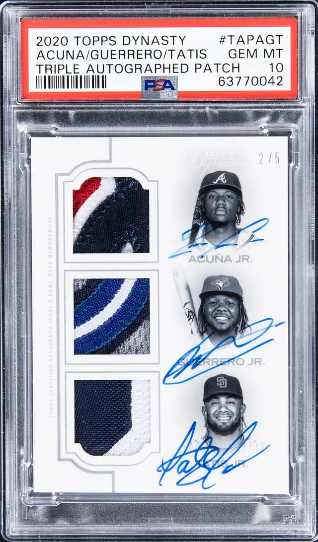 2020 Topps Dynasty Ronald Acuna Jr./Vladimir Guerrero Jr./Fernando Tatis Jr. Multi-Signed Game-Used Triple Autographed Patch #TAP-AGT card image