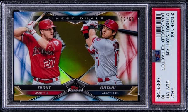 2020 Topps Finest Mike Trout/Shohei Ohtani Duals Gold Refractor #FD-1 card image