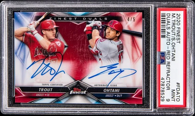 2020 Topps Finest Mike Trout/Shohei Ohtani Duals Autograph Red Refractor #FDA-TO card image