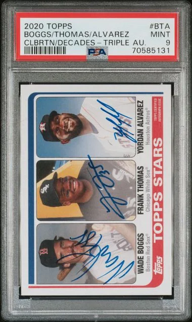 2020 Topps Frank Thomas/Wade Boggs/Yordan Alvarez Celebration Of The Decades Triple Autograph #BTA card image