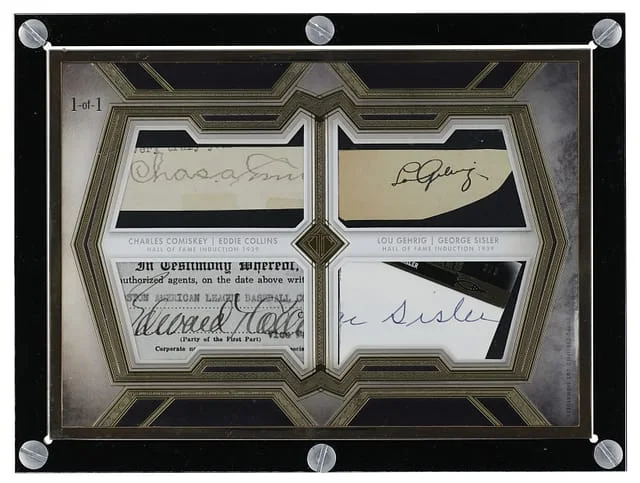 2020 Topps Gehrig/Comiskey/Collins/Sisler Multi-Signed Transcendent Hall of Fame Induction Class Cut Signature Box Topper #HOF-CCGS card image