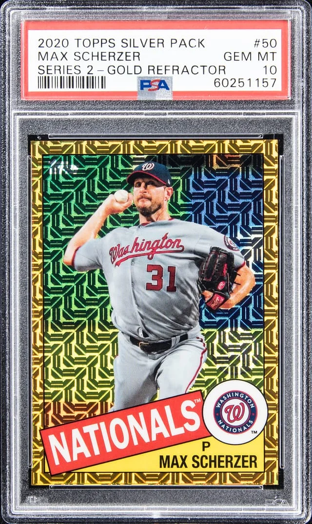 2020 Topps Max Scherzer Silver Pack Series 2 Gold Refractor #85TC-50 card image