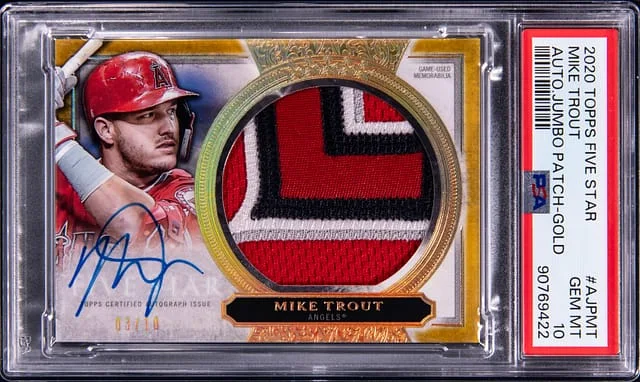 2020 Topps Mike Trout Five Star Autograph Jumbo Patch Gold #AJP-MT card image