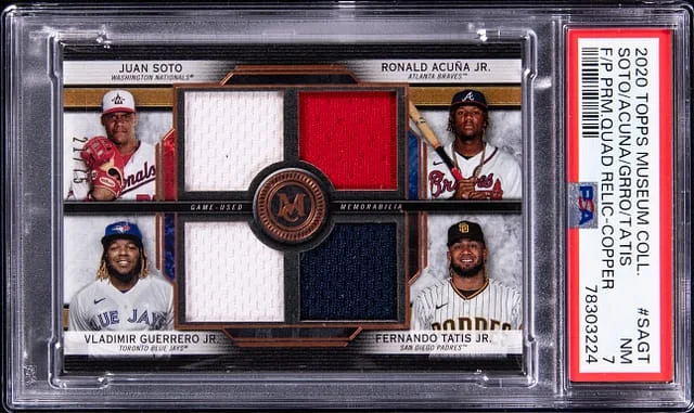 2020 Topps Museum Collection Juan Soto, Ronald Acuna, Vladimir Guerreo Jr, Fernando Tatis Jr Quad Quad Relic - Copper #SAGT card image
