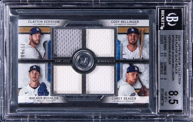 2020 Topps Museum Collection Kershaw/Buehler/Bellinger/Seager Primary Pieces Quad Relics #FPRKBBS card image