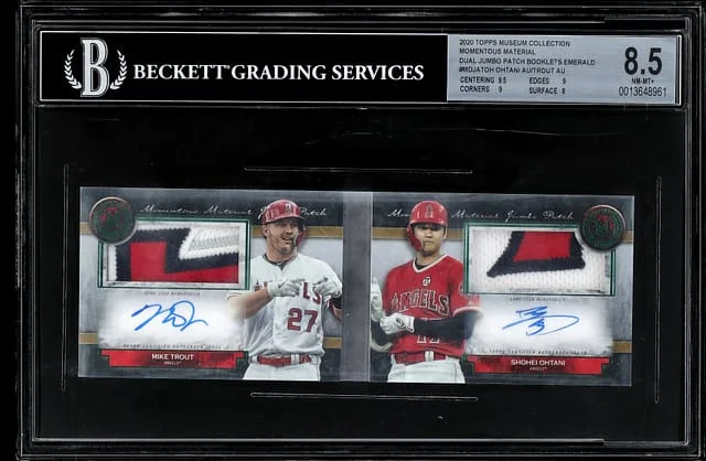 2020 Topps Museum Collection Shohei Ohtani/Mike Momentous Material Dual Jumbo Patch Booklets Emerald #MDJA-TOH card image