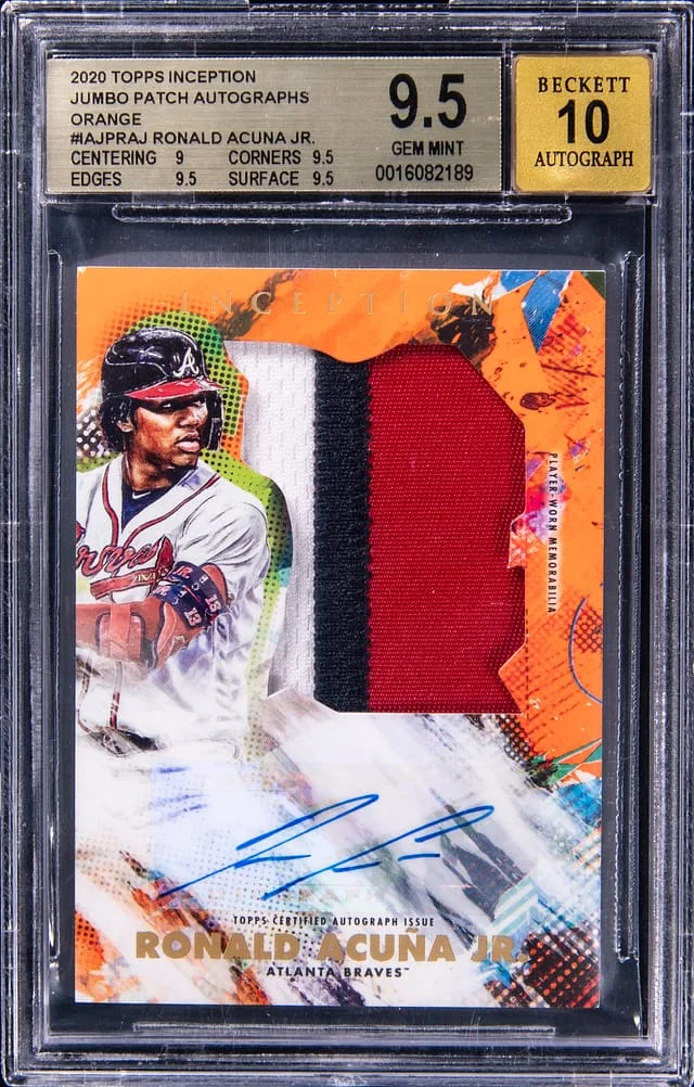 2020 Topps Ronald Acuna Jr. Inception Jumbo Patch Autographs Orange #IAJP-RAJ card image