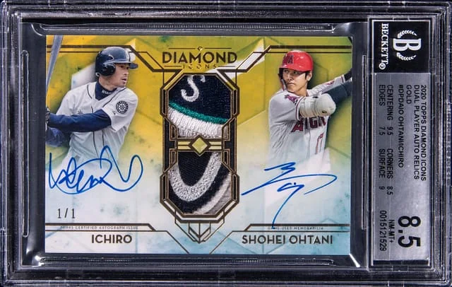 2020 Topps Shohei Ohtani/Ichiro Suzuki Diamond Icons Dual Player Autograph Relics Gold #DPDA-IO card image