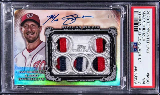 2020 Topps Sterling Max Scherzer Strikes Autograph Relic Silver 1/1 #MSC card image