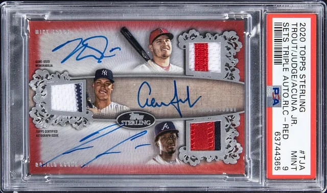 2020 Topps Sterling Mike Trout/Aaron Judge/Ronald Acuna Jr. Multi-Signed Game-Used Sets Triple Autograph Relics Red #SSTAR-TJA card image