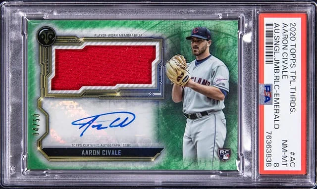 2020 Topps Triple Threads Aaron Civale Autograph Single Jumbo Relics Emerald #ASJR-AC card image