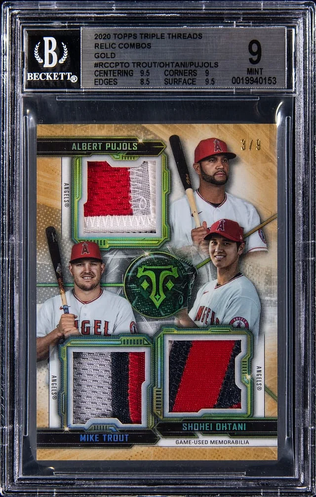 2020 Topps Triple Threads Albert Pujols/Mike Trout/Shohei Ohtani Game-Used Relic Combos Gold #RCC-PTO card image