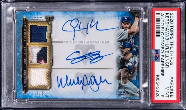 2020 Topps Triple Threads Clayton Kershaw/Cody Bellinger/Walker Buehler Multi-Signed Autograph Relic Combo Sapphire #ARC-KBB card image