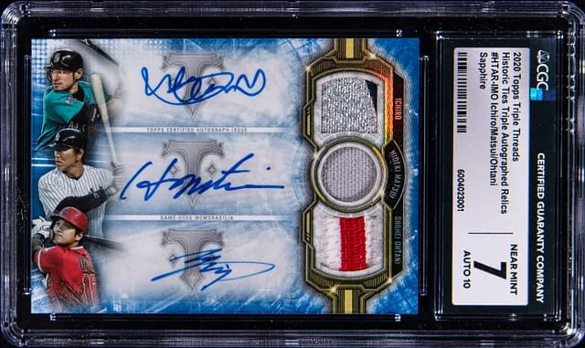 2020 Topps Triple Threads Shohei Ohtani/Ichiro Suzuki/Hideki Matsui Multi-Signed Game-Used Historic Ties Triple Autograph Relics Sapphire #HTAR-IMO card image