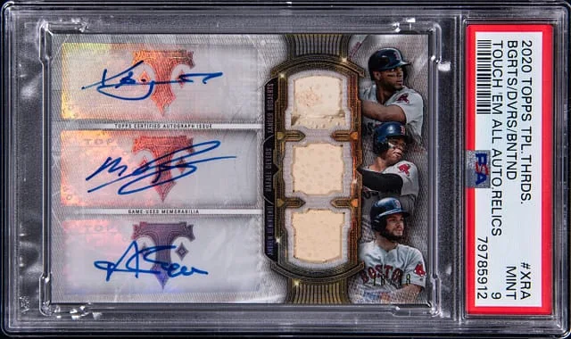 2020 Topps Triple Threads Xander Bogaerts/Rafael Devers/Andrew Benintendi Triple Touch Em All Autograph Relics #TEMT-XRA card image