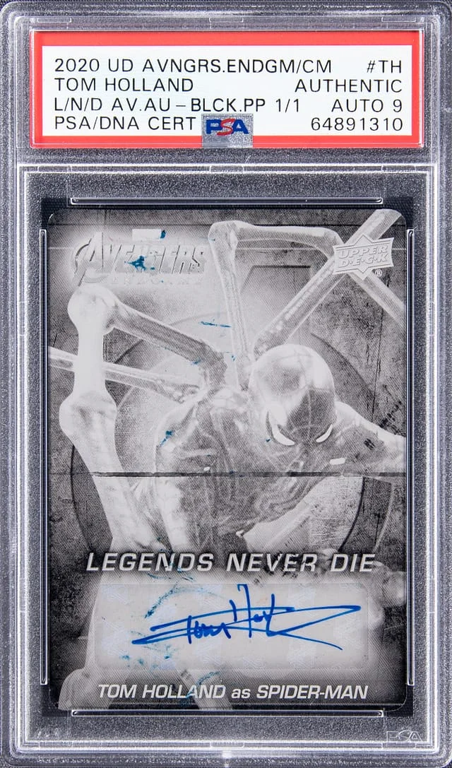 2020 Upper Deck Tom Holland Marvel Avengers Endgame and Captain Marvel Legends Never Die Black Printing Plate #LNDA-TH card image