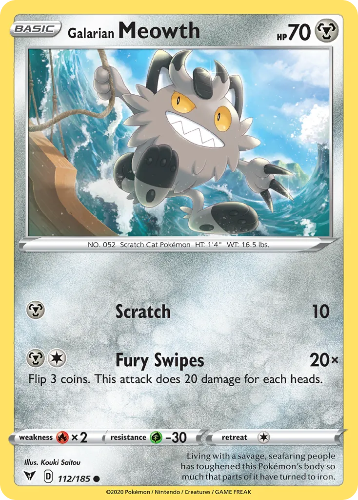 2020 Vivid Voltage Galarian Meowth #112/185 Common card image
