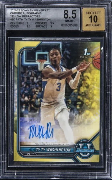 2021-22 Bowman University Chrome Autographs Yellow Refractors Bcpatw Ty Ty Washington #no-number card image