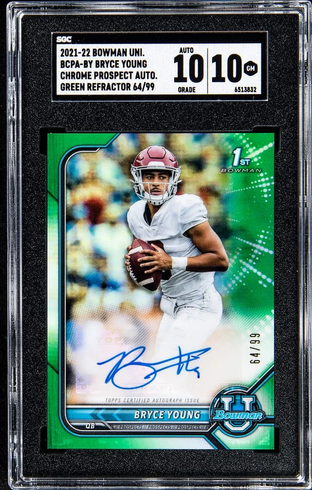 2021-22 Bowman University Chrome Bryce Young Prospect Autograph Green Refractor #BCPA-BY card image