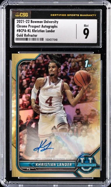 2021-22 Bowman University Chrome Khristian Lander Prospect Autographs Gold Refractor #BCPA-KL card image