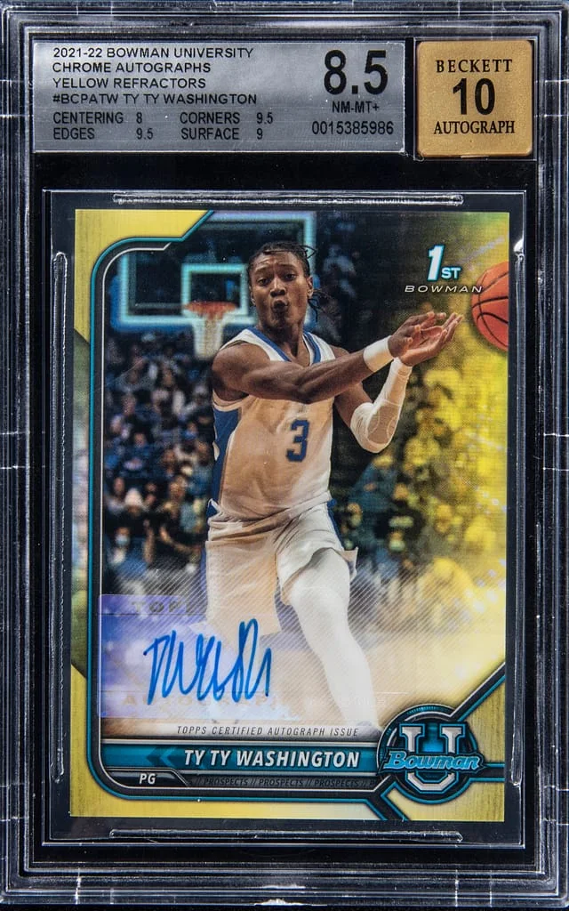 2021-22 Bowman University Chrome Ty Ty Washington Autographs Yellow Refractors #BCPA-TW card image