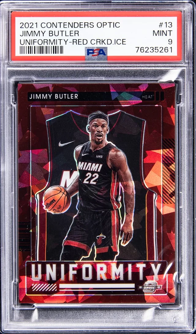 2021-22 Contenders Optic Jimmy Butler Uniformity - Red Cracked Ice #13 card image
