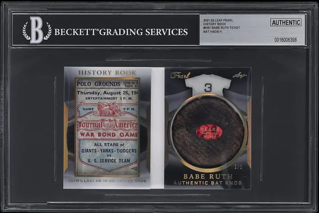 2021-22 Leaf Babe Ruth Ticket, Game-Used Bat Knob Relic Booklet Pearl History Book #HB1 card image