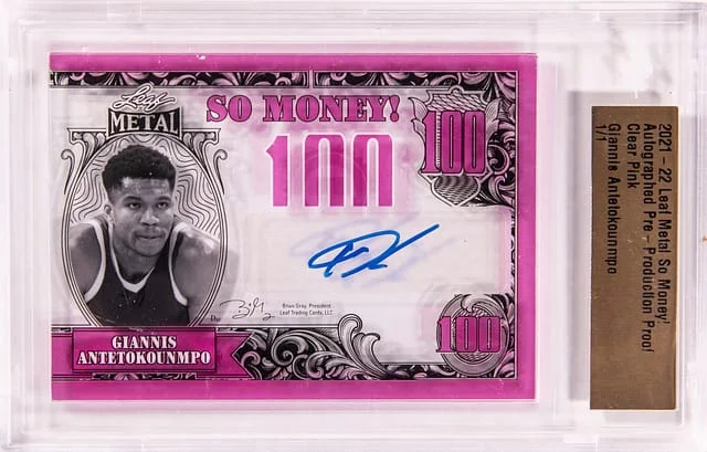 2021-22 Leaf Pro Metal So Money! Pre-Production Proof Clear Pink Giannis Antetokounmpo #no-number card image