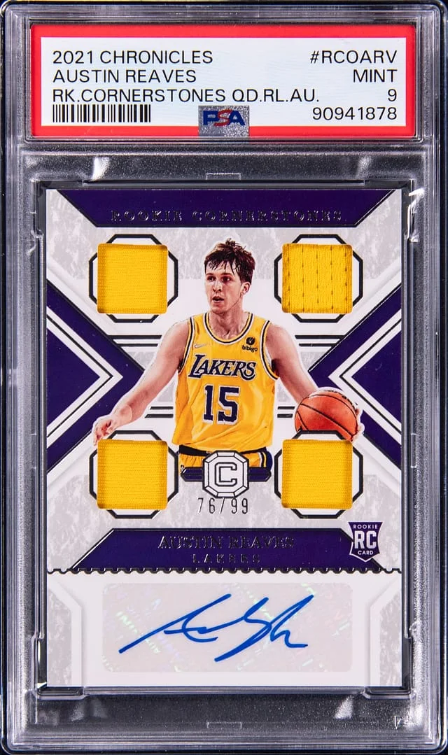 2021-22 Panini Chronicles Austin Reaves Cornerstones Quad Relics Autograph #RCO-ARV card image