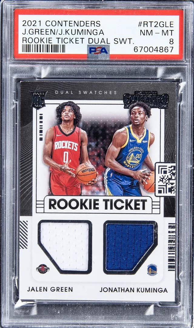 2021-22 Panini Contenders Jalen Green, Jonathan Kuminga Dual Ticket Dual Swatch #RT2GLE card image