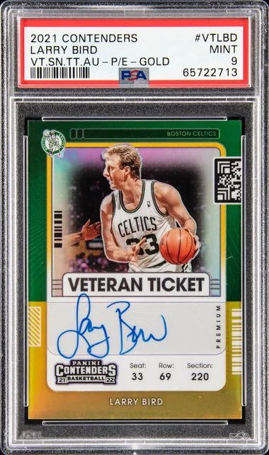 2021-22 Panini Contenders Larry Bird Veteran Season Ticket Autograph Premium Edition Gold #VT-LBD card image