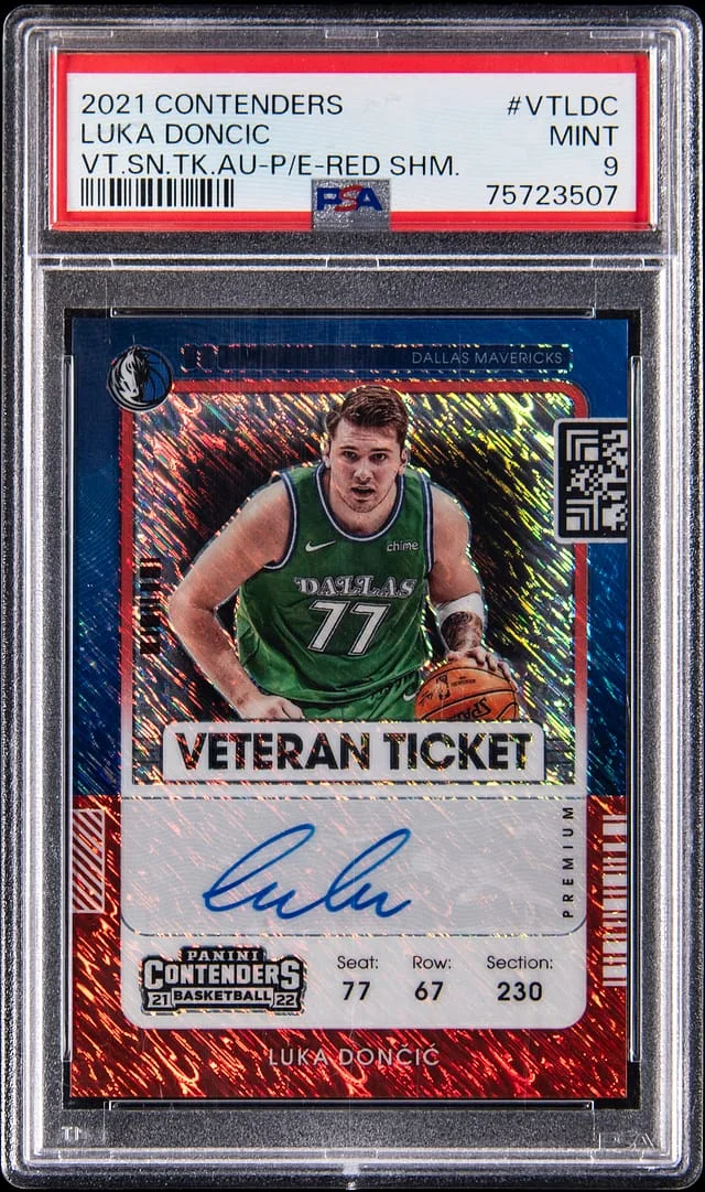 2021-22 Panini Contenders Luka Doncic Veteran Signature Ticket Autographs Premium Edition Red Shimmer Prizm #VT-LDC card image