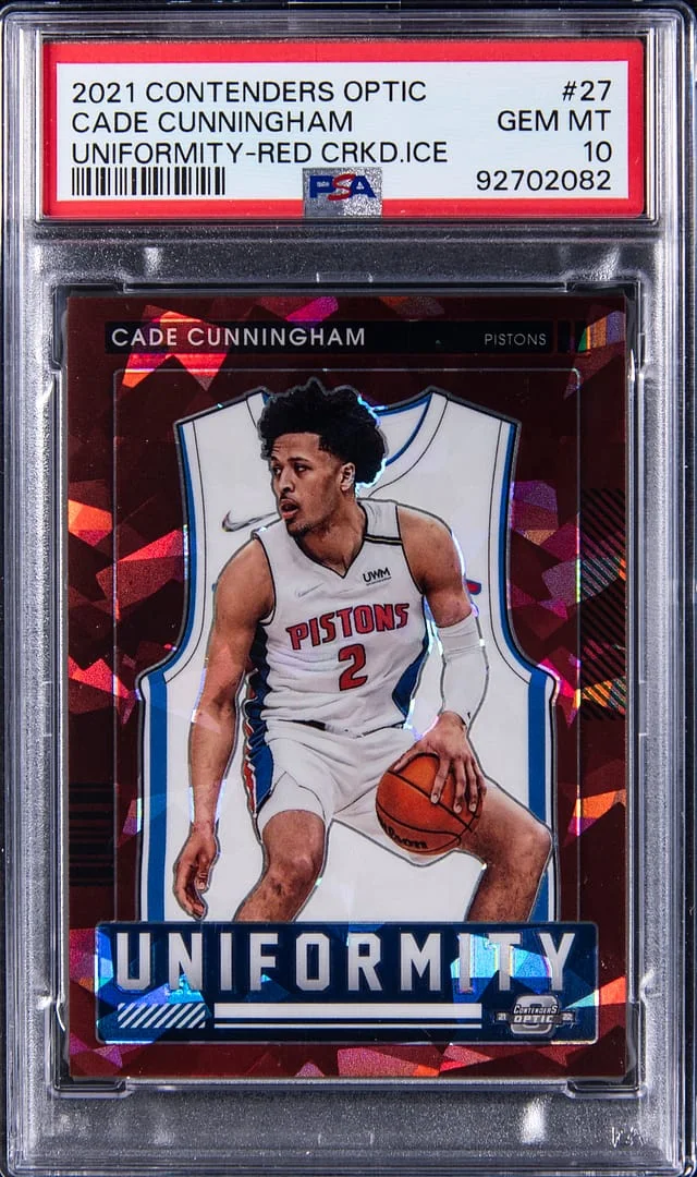 2021-22 Panini Contenders Optic Cade Cunningham Uniformity Red Cracked Ice #27 card image