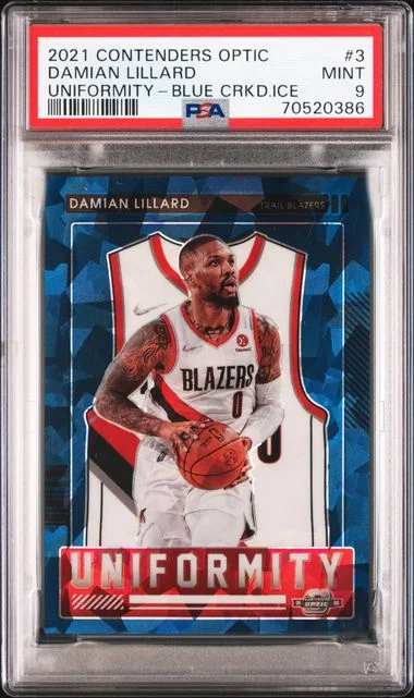 2021-22 Panini Contenders Optic Damian Lillard Uniformity Blue Cracked Ice #3 card image