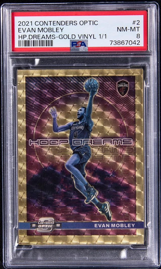 2021-22 Panini Contenders Optic Evan Mobley Hoop Dreams Gold Vinyl 1/1 #2 card image