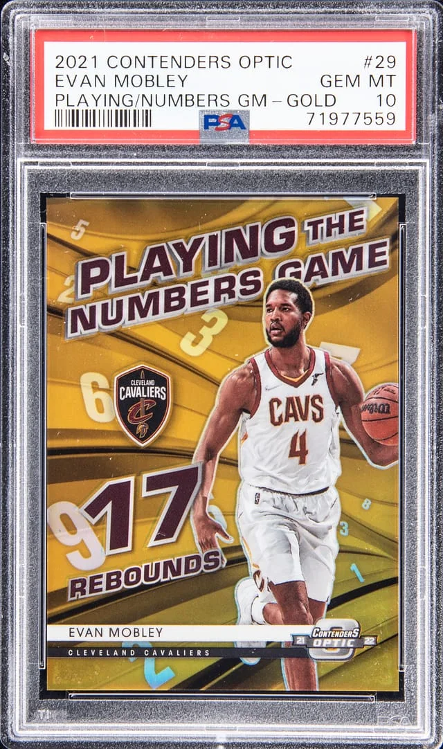 2021-22 Panini Contenders Optic Evan Mobley Playing The Numbers Game Gold #29 card image