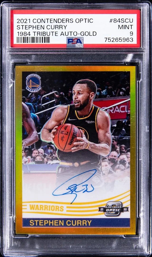 2021-22 Panini Contenders Optic Stephen Curry 1984 Tribute Autographs Gold #84-SCU card image