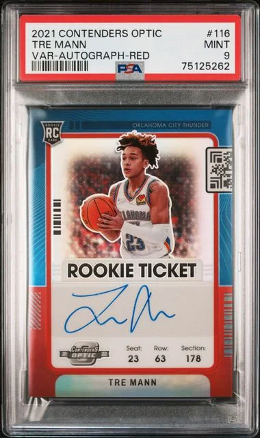 2021-22 Panini Contenders Optic Tre Mann Ticket Autograph Variation Red #116 card image