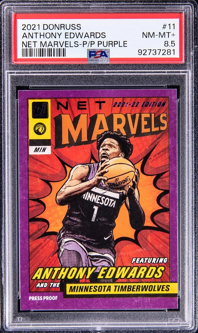 2021-22 Panini Donruss Anthony Edwards Net Marvels Press Proof Purple #11 card image