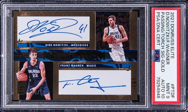 2021-22 Panini Donruss Franz Wagner/Dirk Nowitzki Elite Passing the Torch Signatures #PT-DF card image