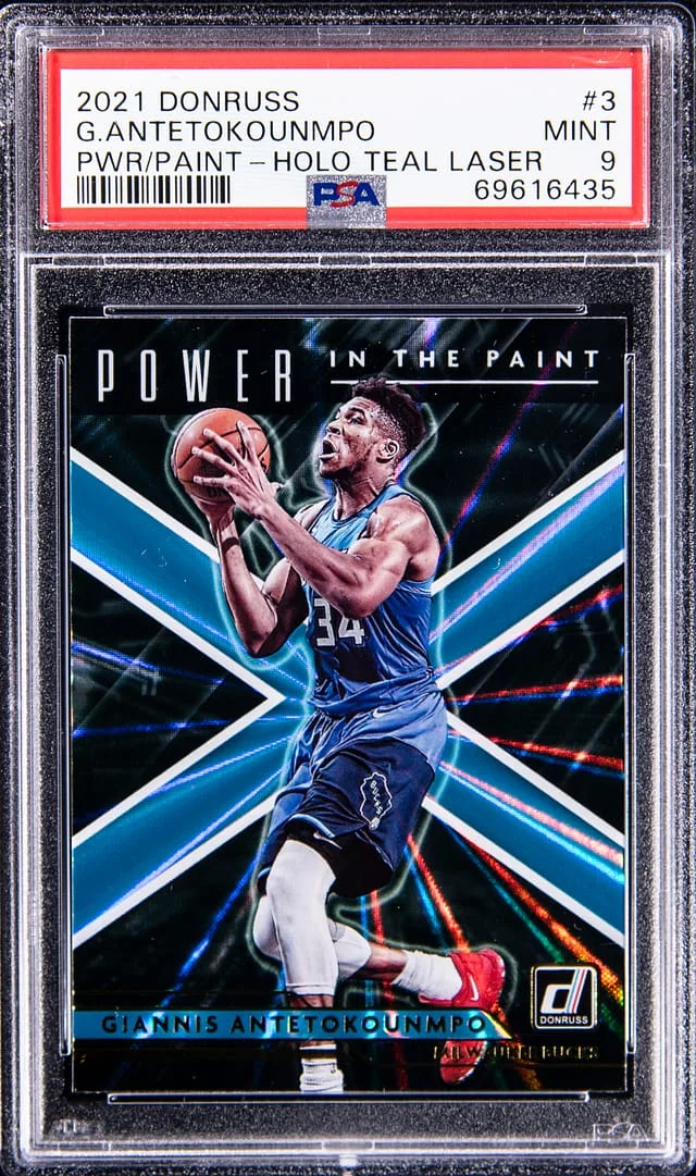 2021-22 Panini Donruss Giannis Antetokounmpo Power In The Paint Holo Teal Laser #3 card image