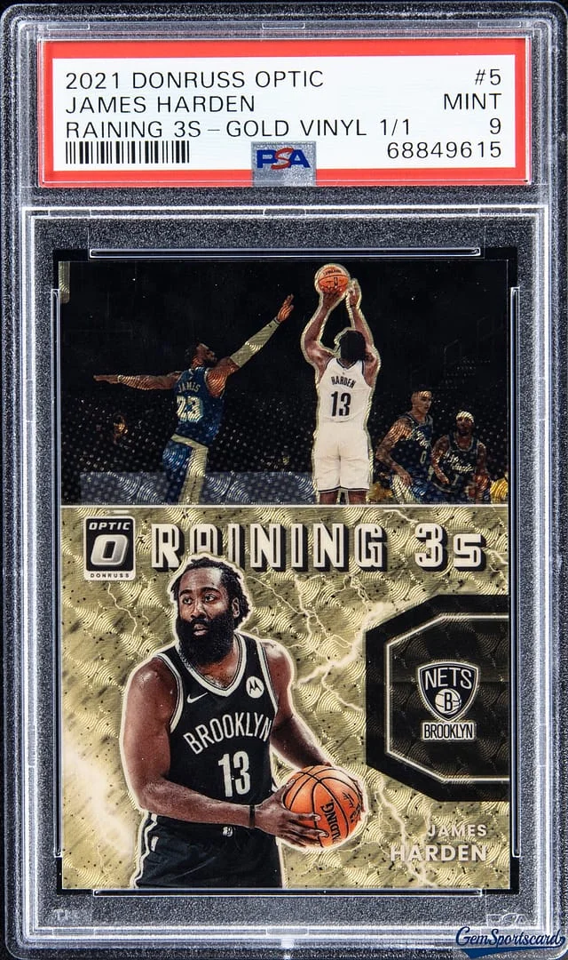 2021-22 Panini Donruss Optic James Harden Raining 3's Gold Vinyl #5 card image