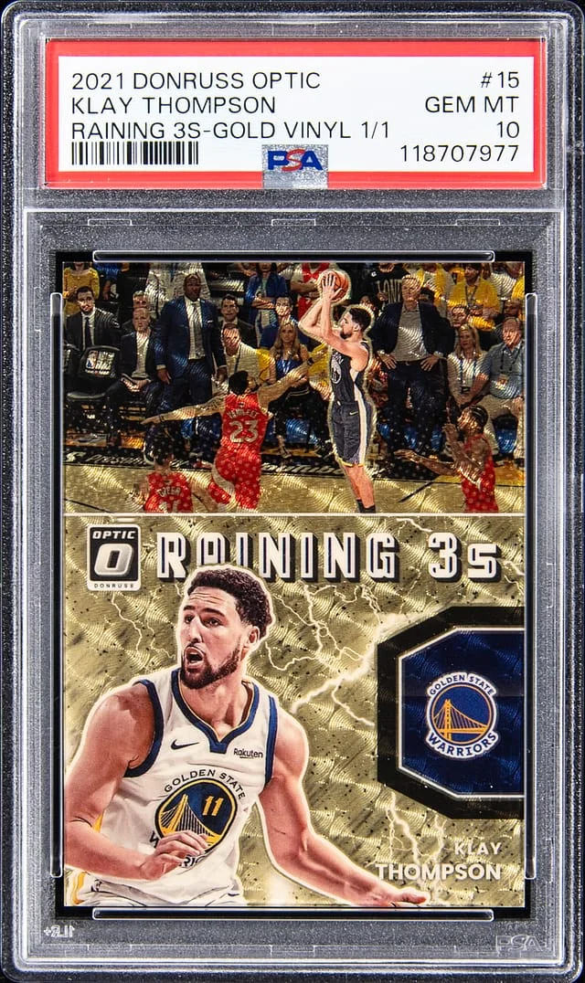 2021-22 Panini Donruss Optic Klay Thompson Raining 3s Gold Vinyl Prizm #15 card image