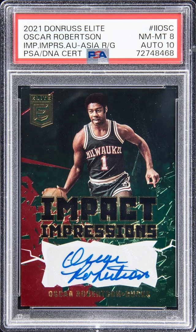 2021-22 Panini Donruss Oscar Robertson Elite Impact Impressions Autographs Asia Red/Green #II-OSC card image