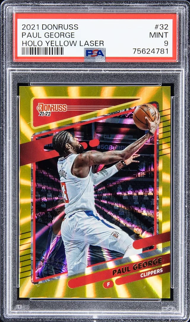 2021-22 Panini Donruss Paul George Holo Yellow Lazer #32 card image