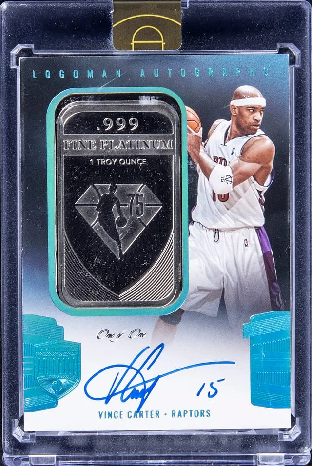 2021-22 Panini Eminence Vince Carter Logoman Autographs Platinum Bar #LA-VCA card image