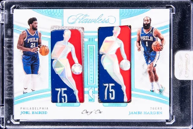 2021-22 Panini Flawless Joel Embiid/James Harden Dual Logoman #DLM-76ER card image