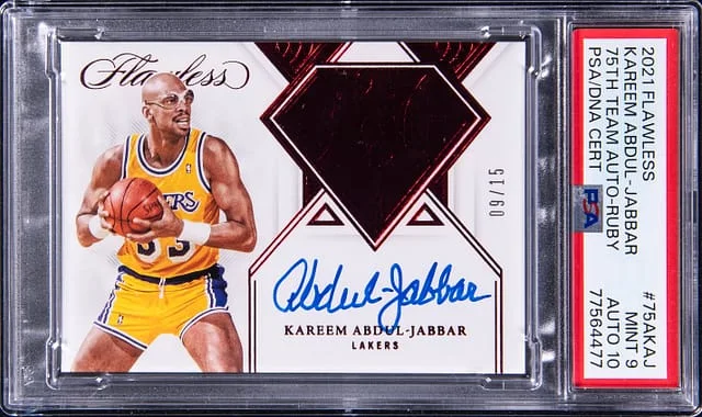 2021-22 Panini Flawless Kareem Abdul-Jabbar 75th Team Autograph Ruby #75AKAJ card image