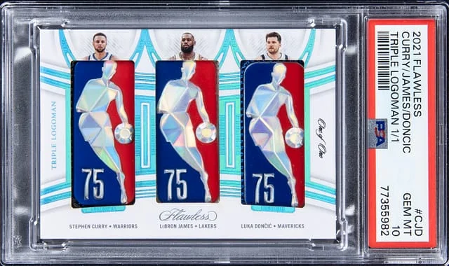 2021-22 Panini Flawless LeBron James/Stephen Curry/Luka Doncic Triple Logoman #2 card image